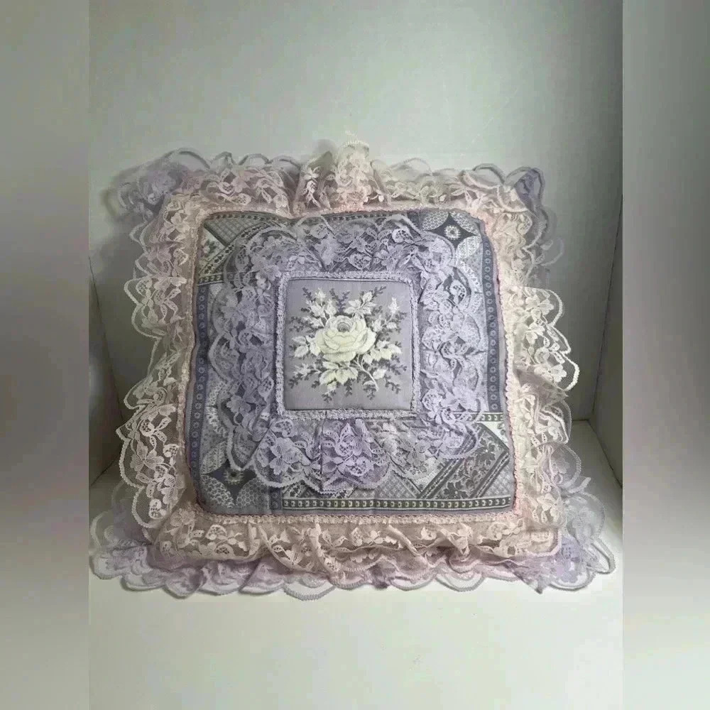 Vintage Cottage-core Lace Embroidered/ Quilted Pillow - Picture 3 of 6